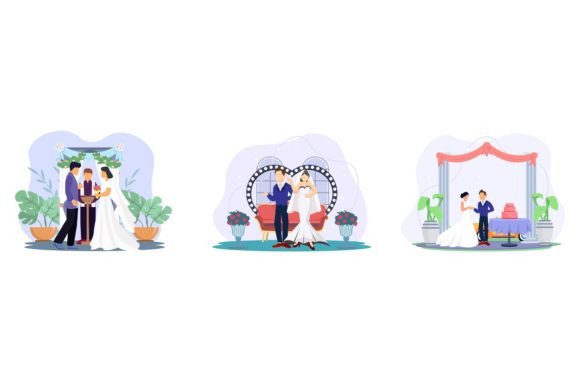 Wedding Party Concept Flat Bundle: Design Assets for Modern Celebrations